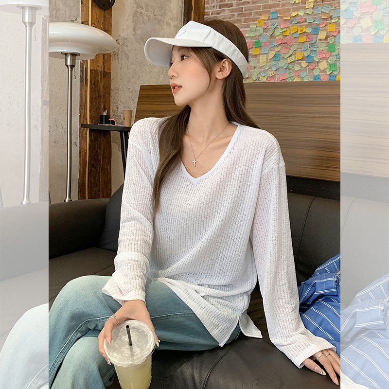 여성 여름 브이넥 루즈핏 긴팔 니트 시스루 비치웨어 데일리 오버핏 썸머 커버업 상의 - 상세 이미지 2