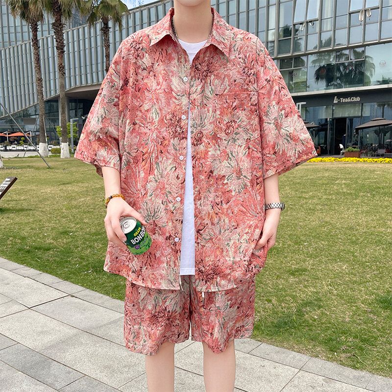 하와이안셔츠 남자 여름 휴양지룩 야자수 꽃무늬 남방 핑크 상하의 세트 M(45-55kg)