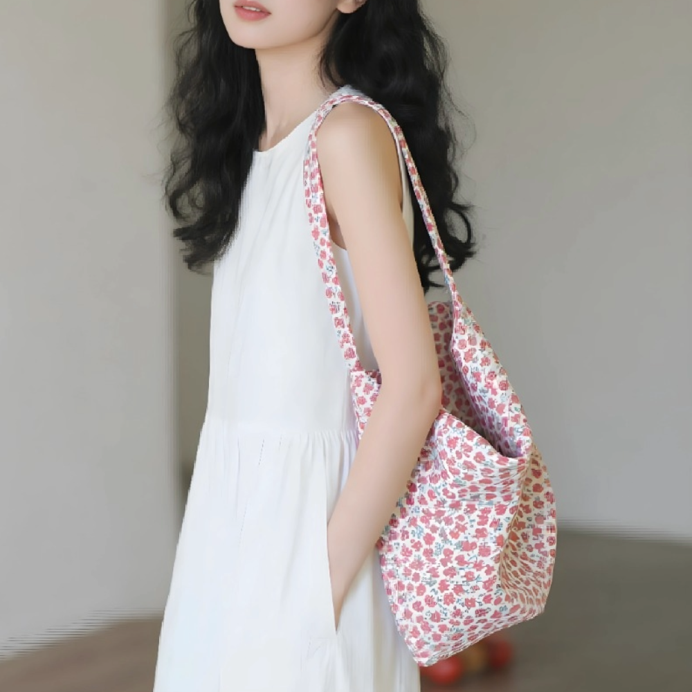 가벼운 데일리 숄더백 여행용 플라워 도트 면 에코백 천 여성 가방 M522327 이미지 8