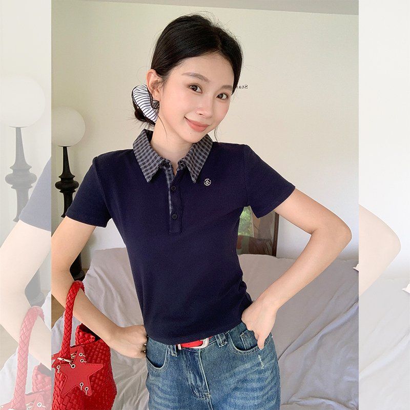 여성 슬림핏 폴로카라 반팔티 배색 체크넥 여름 데일리 면스판 캐주얼 기본 상의 - 상세 이미지 2