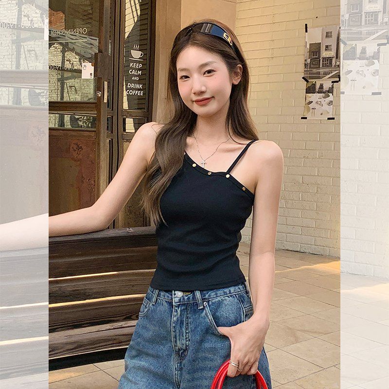 여성 슬림핏 언발 오프숄더 민소매 나시 라운드넥 펀칭 여름 데일리 면스판 티셔츠 상의 - 상세 이미지 4