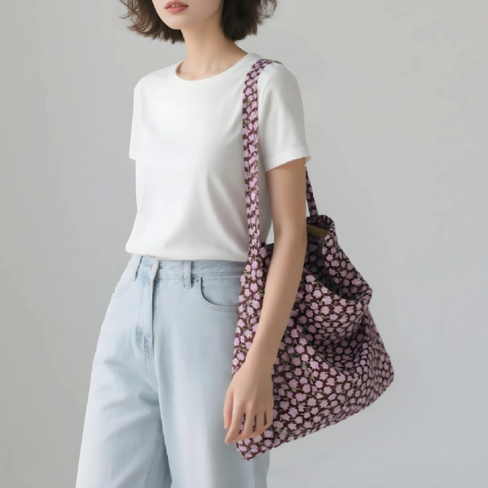 가벼운 데일리 숄더백 여행용 플라워 도트 면 에코백 천 여성 가방 M522327 이미지 6