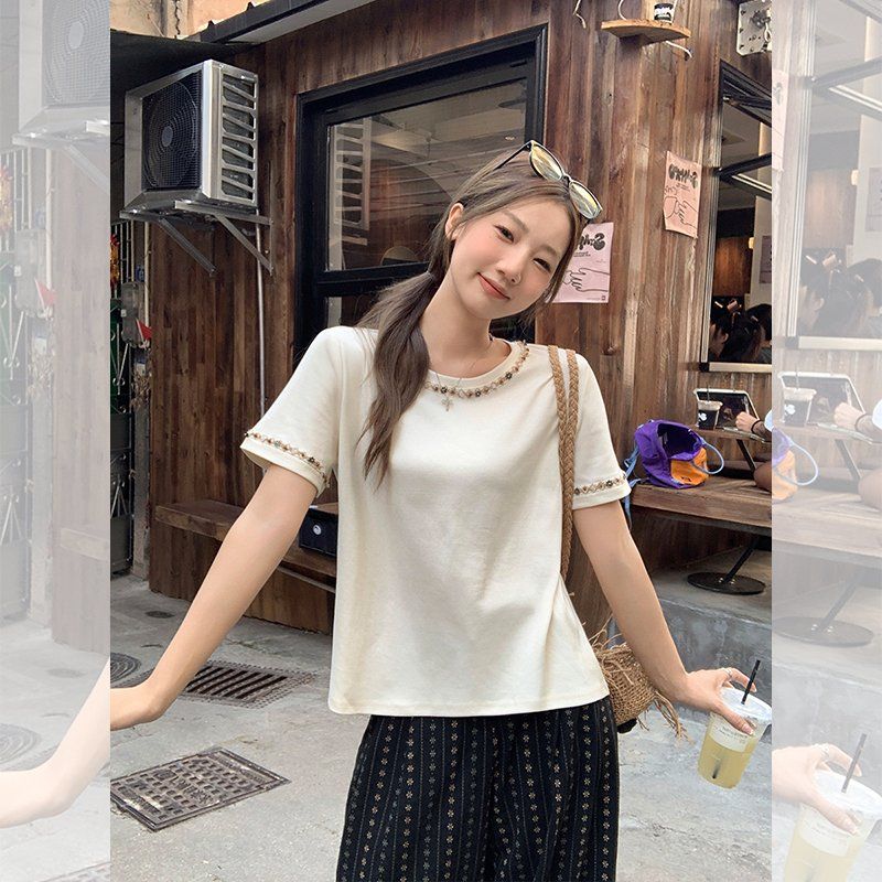 여성 라운드넥 진주 비즈 반팔티 루즈핏 여름 데일리 이지웨어 캐주얼 기본티 상의 - 상세 이미지 4