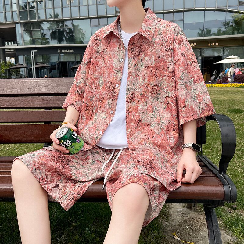 하와이안셔츠 남자 여름 휴양지룩 야자수 꽃무늬 남방 핑크 상하의 세트 M(45-55kg) - 상세 이미지 2
