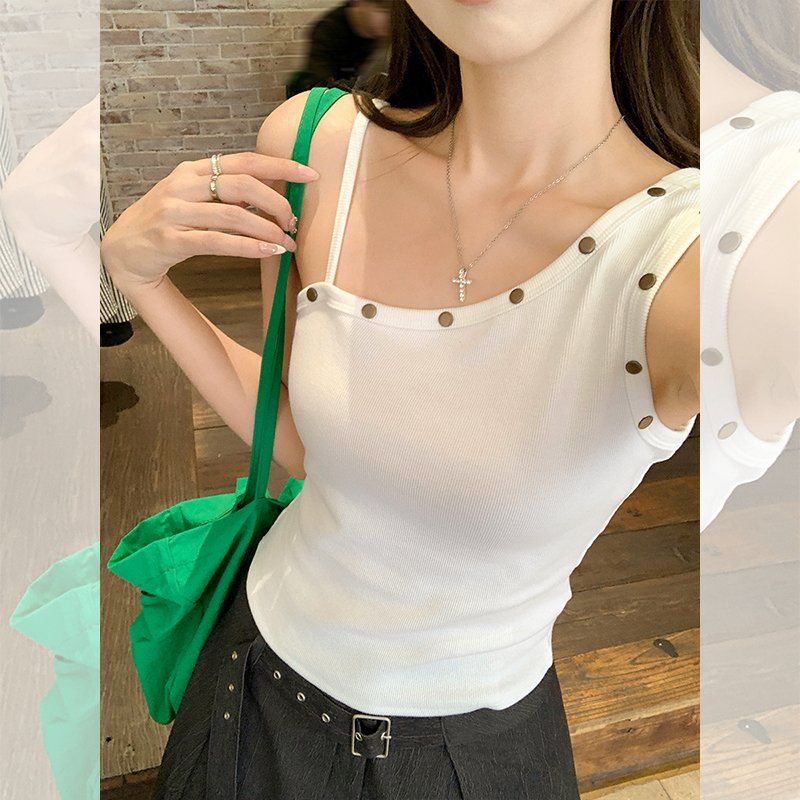 여성 슬림핏 언발 오프숄더 민소매 나시 라운드넥 펀칭 여름 데일리 면스판 티셔츠 상의 - 상세 이미지 3