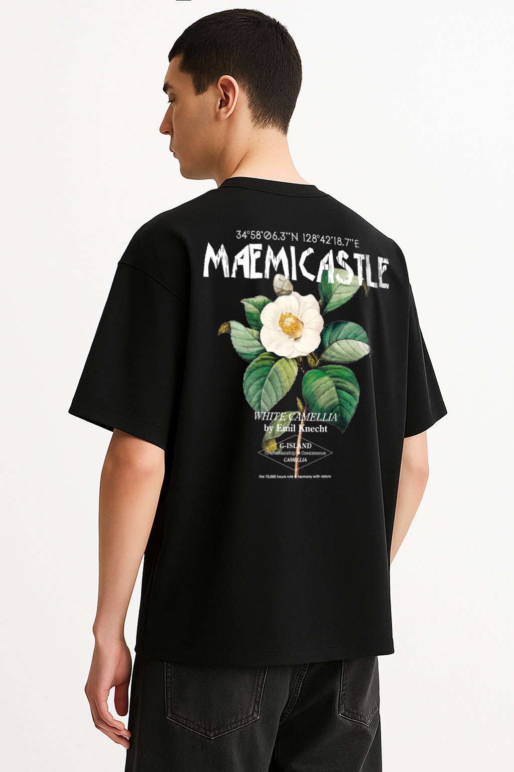 싱클레어 매미캐슬 콜라보 티셔츠 카멜리아 그래픽 오버핏 반팔티 남녀공용 블랙 - 상세 이미지 3