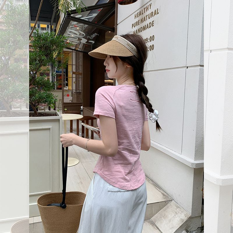 코튼 브이넥 반팔 티셔츠 여름 여성 슬림핏 기본티 이지웨어 데일리 캐주얼 심플 베이직 상의 - 상세 이미지 4