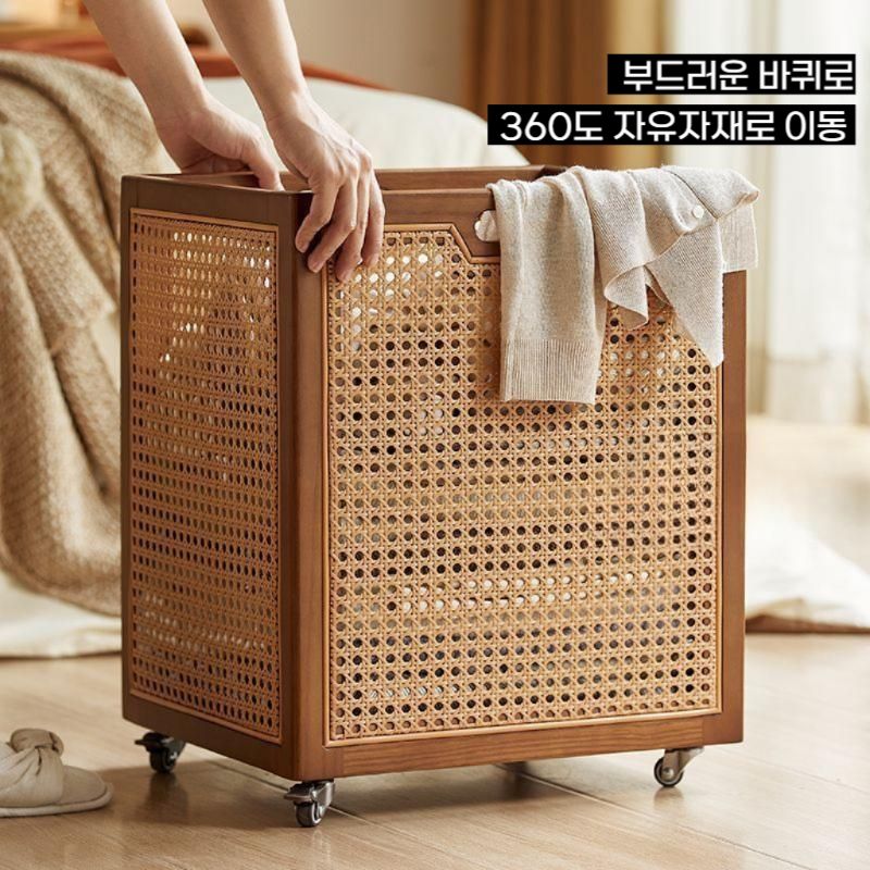 라탄 세탁바구니 원목 이동식 빨래통 사각 세탁물 보관함 - 상세 이미지 3