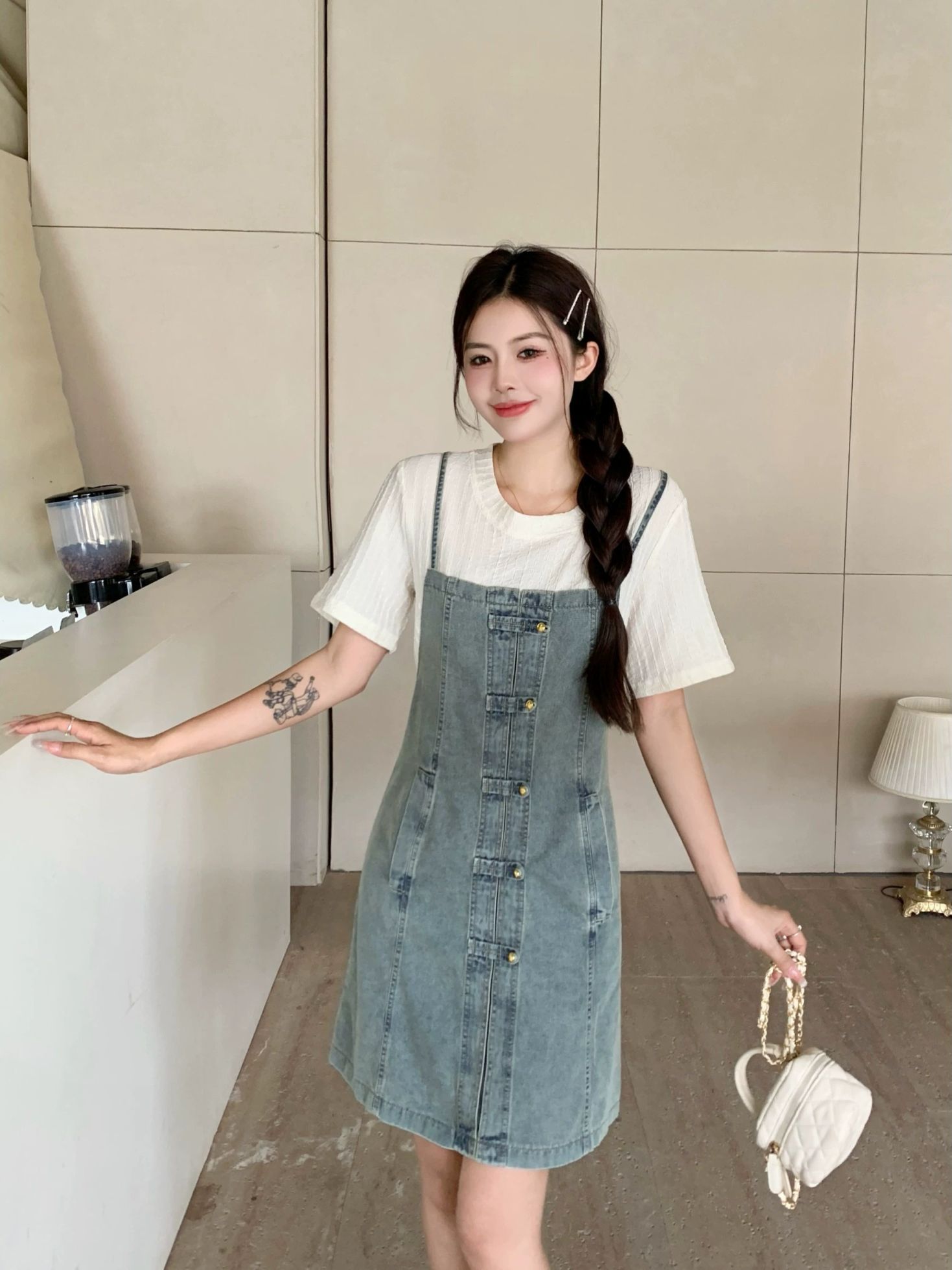 원피스 여성 청 데님 미니 스커트 봄 여름 가을 슬림 롱 멜빵 치마 1.짧은 - 상세 이미지 4