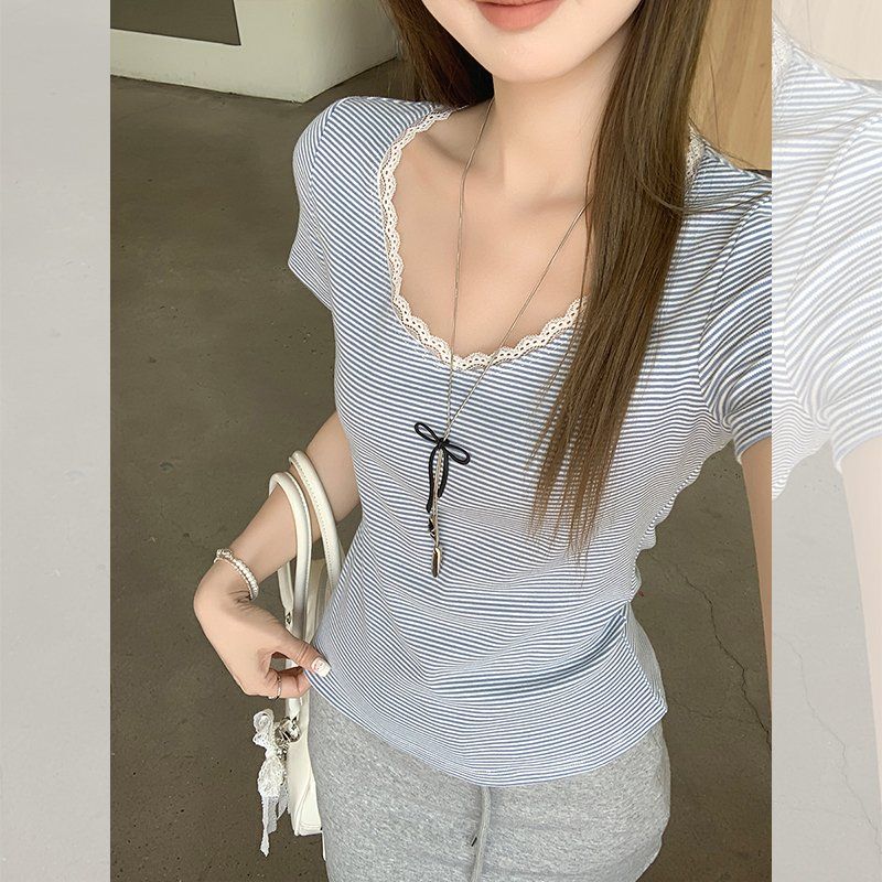 레이스 브이넥 단가라 스트라이프 반팔 티셔츠 여름 여성 슬림핏 심플 베이직 데일리 캐주얼 - 상세 이미지 4