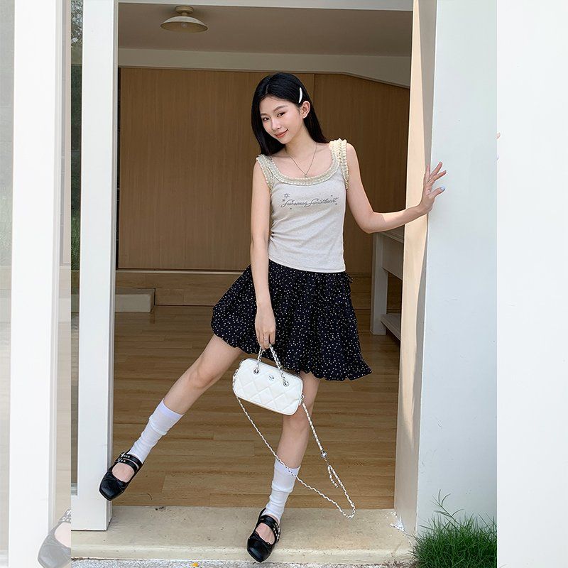 여성 슬림핏 U넥 민소매 나시 레터링 비즈 여름 데일리 면스판 캐주얼 상의 - 상세 이미지 4