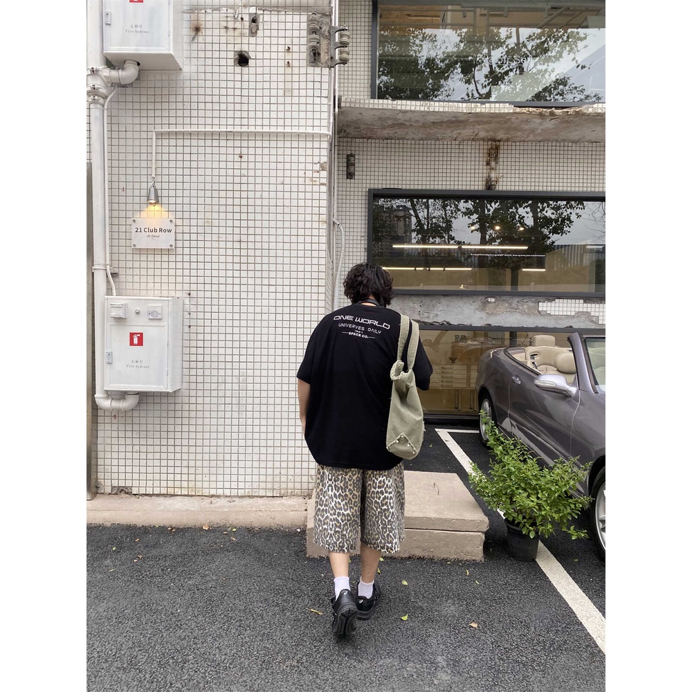 레오파드 7부 와이드팬츠 반바지 캐주얼 빈티지 힙한 Y2K 남녀공용 오버핏 여름 브라운 - 상세 이미지 5