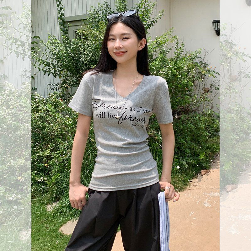여성 슬림핏 브이넥 레터링 프린팅 반팔티 면스판 여름 데일리 캐주얼 베이직 상의 - 상세 이미지 3