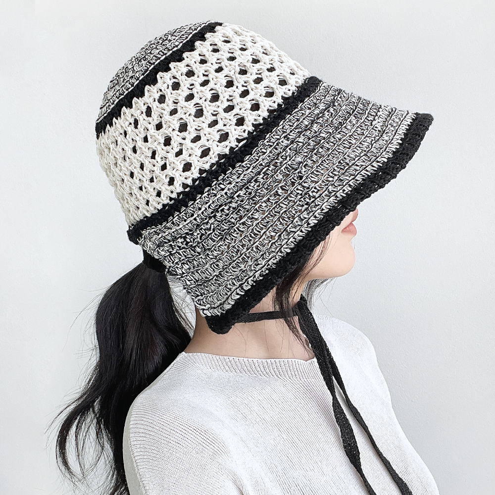 보카시 챙넓은 펀칭 뜨개 여성 여름 니트 버킷햇 휴양지 지사 밀짚모자