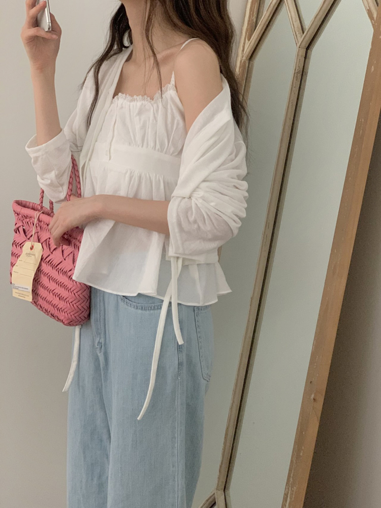 썸머 스트랩 볼레로 린넨 가디건 크롭 숏 라운드 숄 긴팔 여성 여름 가디건 - 상세 이미지 2