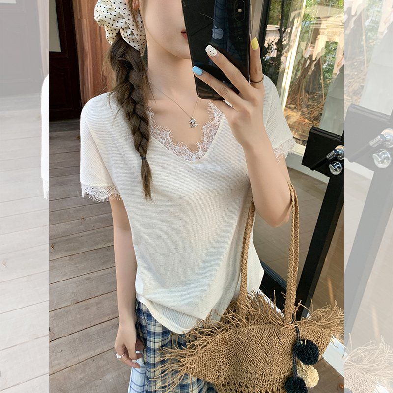 레이스 브이넥 반팔 티셔츠 여름 여성 루즈핏 단가라 스트라이프 면마 혼방 데일리 캐주얼 - 상세 이미지 5