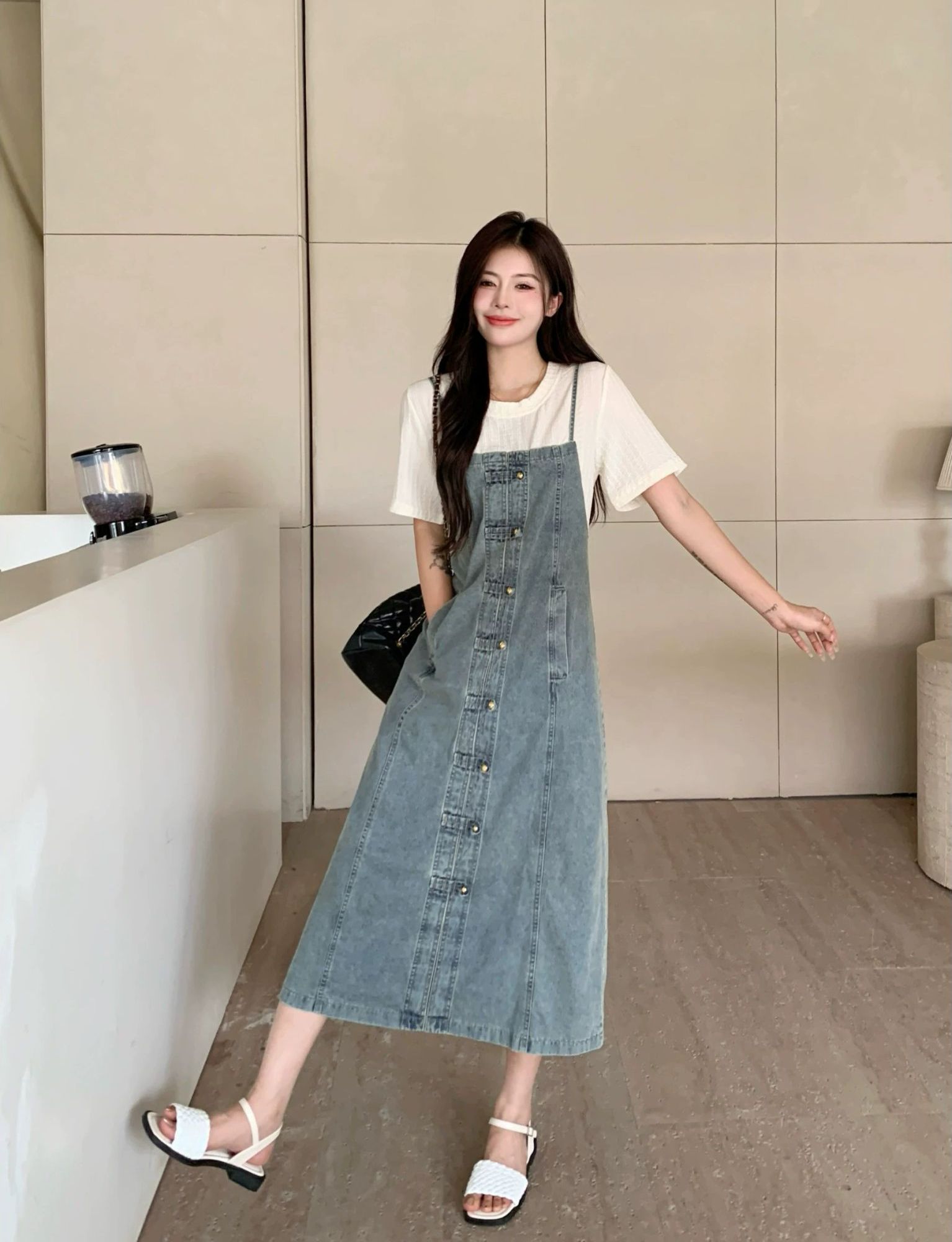 원피스 여성 청 데님 미니 스커트 봄 여름 가을 슬림 롱 멜빵 치마 1.짧은 - 상세 이미지 2