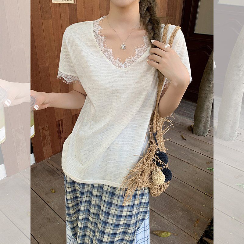 여름 여성 루즈핏 레이스 브이넥 반팔 티셔츠 단가라 스트라이프 면마 혼방 데일리 캐주얼 - 상품 이미지