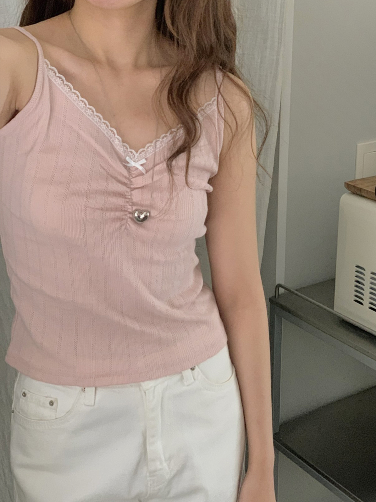 러블리 리본 레이스 크롭티 나시 탑 브이넥 이너티 여자 나시티 탱크탑 여름 여성 티셔츠 - 상세 이미지 2