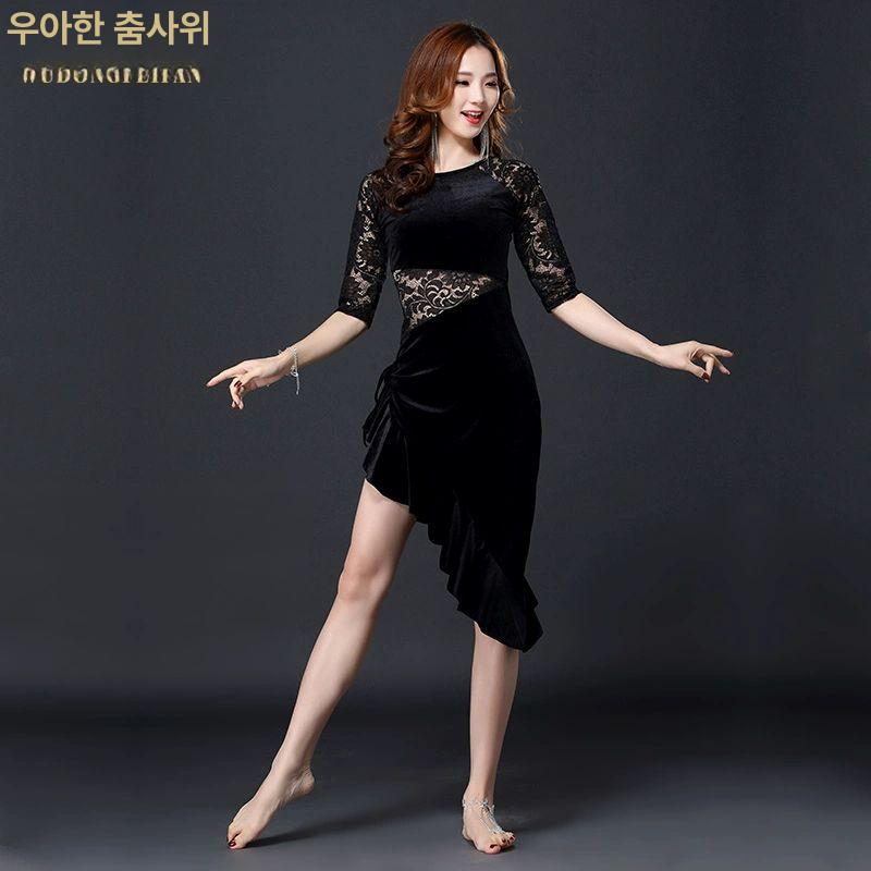 밸리 라틴 라인 하의 재즈 공연복 댄스치마 벨벳 원피스 자주색 - 상세 이미지 5