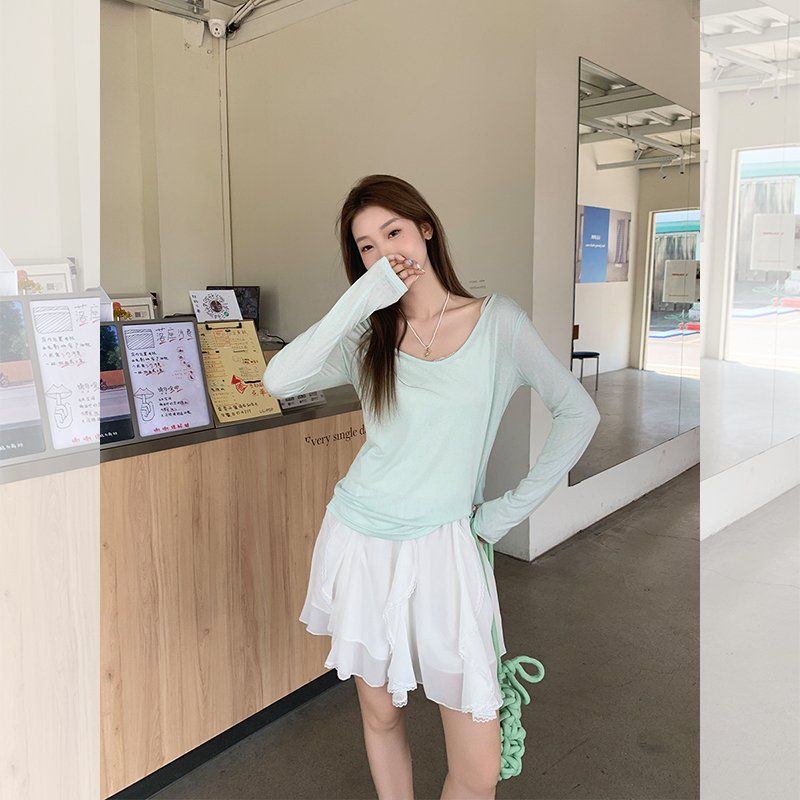 봄 여름 여성 루즈핏 U넥 긴팔 니트 티셔츠 비스코스 혼방 여리여리 시원한 데일리 이지웨어 - 상세 이미지 5