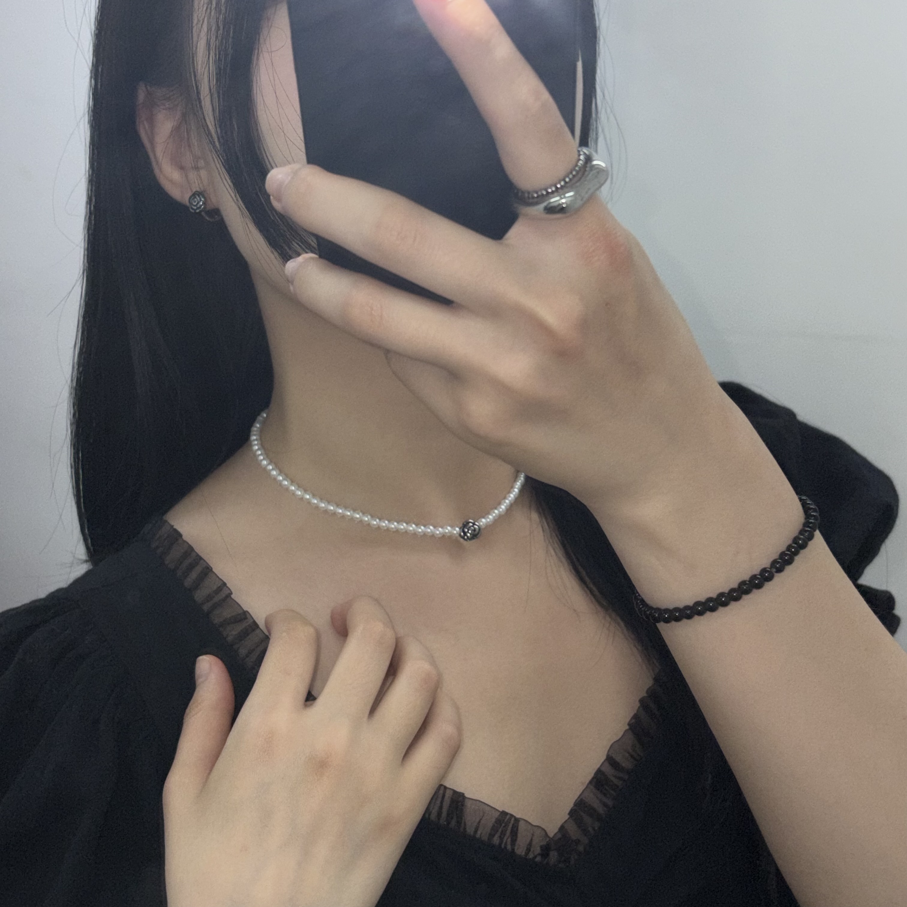 [Set] 로즈 귀걸이 진주 목걸이 세트 써지컬스틸 장미 팬던트 - 상세 이미지 4