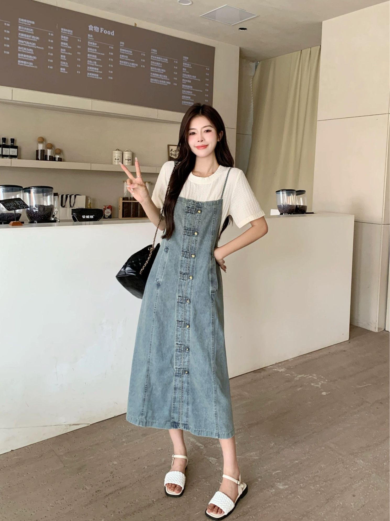 원피스 여성 청 데님 미니 스커트 봄 여름 가을 슬림 롱 멜빵 치마 1.짧은 - 상세 이미지 3