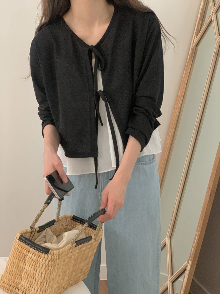 썸머 스트랩 볼레로 린넨 가디건 크롭 숏 라운드 숄 긴팔 여성 여름 가디건 이미지 6