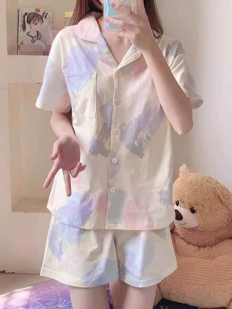잠옷 여성 코튼 파자마 여름 반팔 투피스 얇은 라운지웨어 A184 신상 타이다이 반팔반바지 - 상세 이미지 3