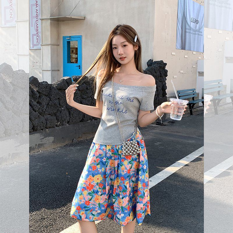 여름 여성 슬림핏 오프숄더 레터링 프린팅 반팔 티셔츠 코튼 스판 데일리 캐주얼 이지웨어 - 상세 이미지 5