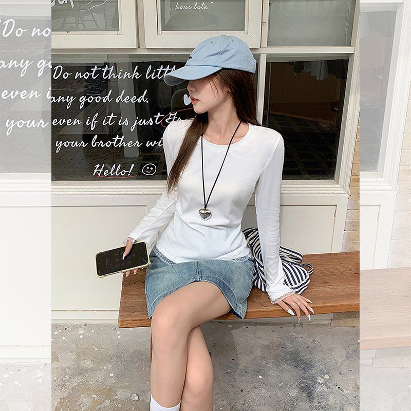 봄가을 여성 데일리 루즈핏 레이스 니트 티셔츠 라운드넥 긴팔 이너웨어 기본티 출근룩 - 상세 이미지 4