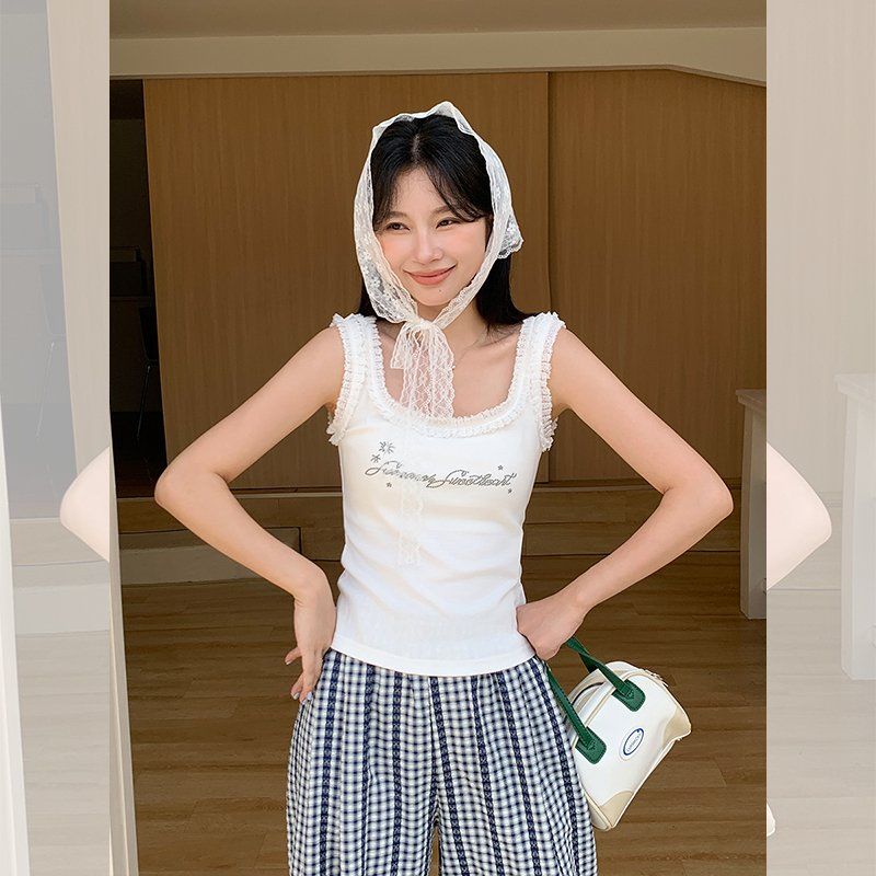 여성 슬림핏 U넥 민소매 나시 레터링 비즈 여름 데일리 면스판 캐주얼 상의 - 상세 이미지 3