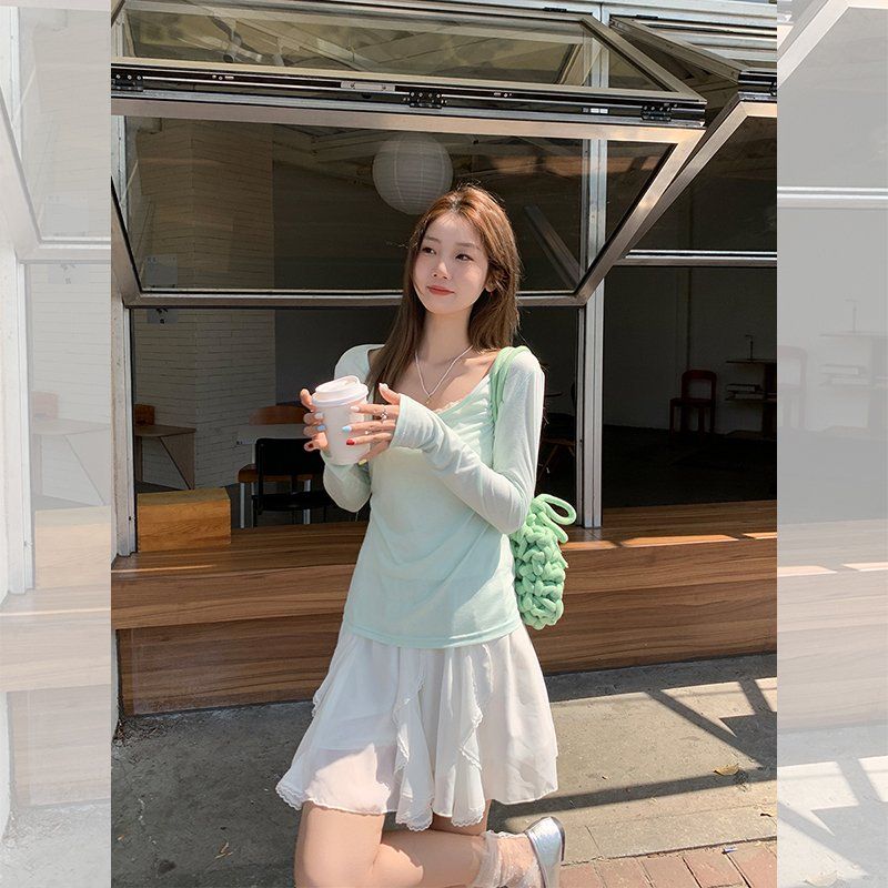봄 여름 여성 루즈핏 U넥 긴팔 니트 티셔츠 비스코스 혼방 여리여리 시원한 데일리 이지웨어 - 상세 이미지 3