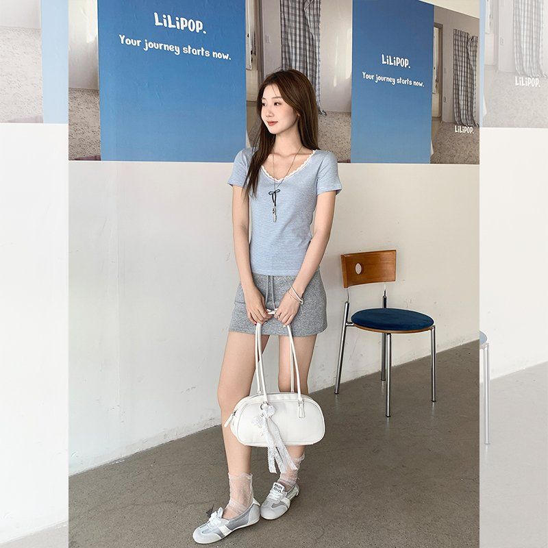 여름 여성 슬림핏 레이스 브이넥 단가라 스트라이프 반팔 티셔츠 심플 베이직 데일리 캐주얼 - 상세 이미지 3