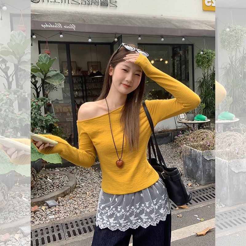 봄가을 여성 슬림핏 언밸런스 사선넥 오프숄더 긴팔 니트 티셔츠 데일리 출근룩 이너웨어 - 상품 이미지