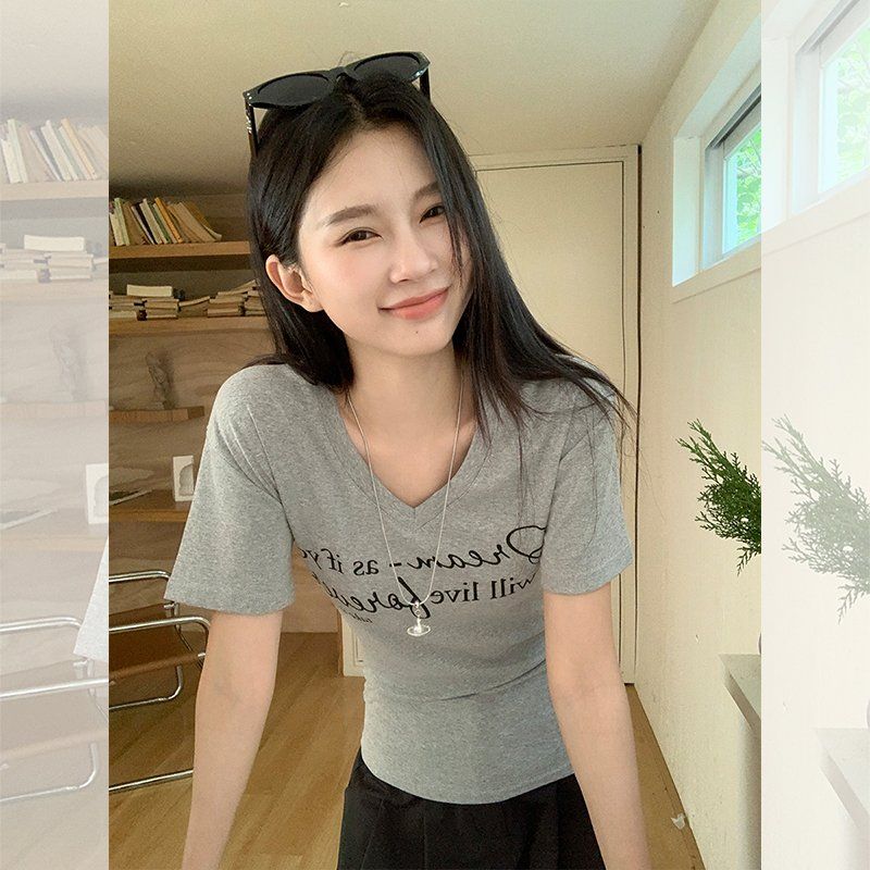 여성 슬림핏 브이넥 레터링 프린팅 반팔티 면스판 여름 데일리 캐주얼 베이직 상의 - 상세 이미지 5
