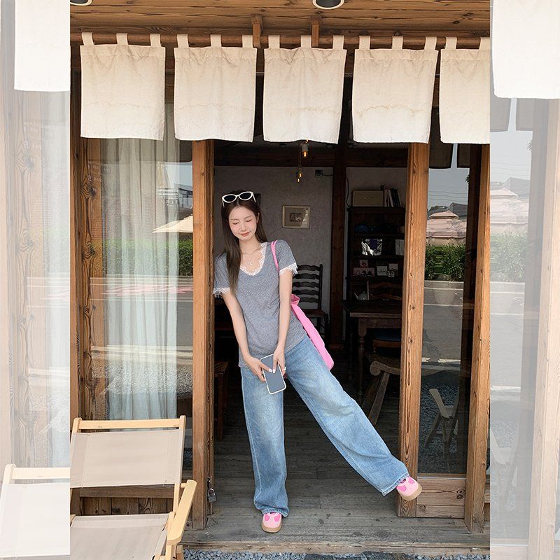 레이스 브이넥 반팔 티셔츠 여름 여성 루즈핏 단가라 스트라이프 면마 혼방 데일리 캐주얼 - 상세 이미지 2