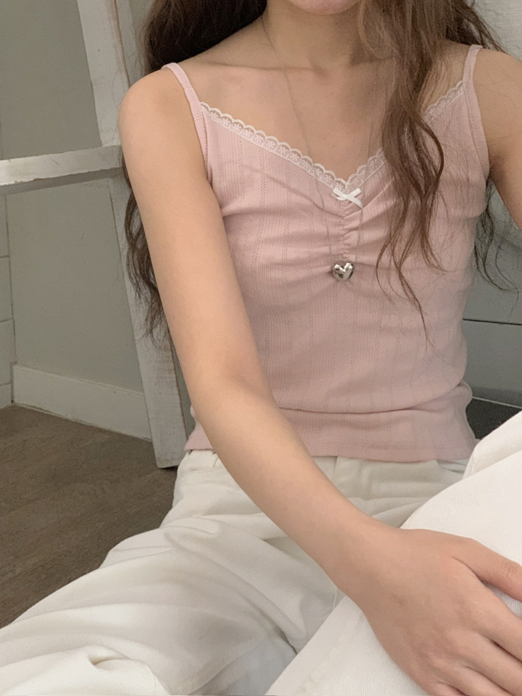 러블리 리본 레이스 크롭티 나시 탑 브이넥 이너티 여자 나시티 탱크탑 여름 여성 티셔츠 - 상품 이미지