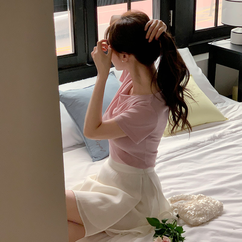 타이 입술넥 오프숄더 드레이프 반팔 티셔츠 ts4558 이미지 3