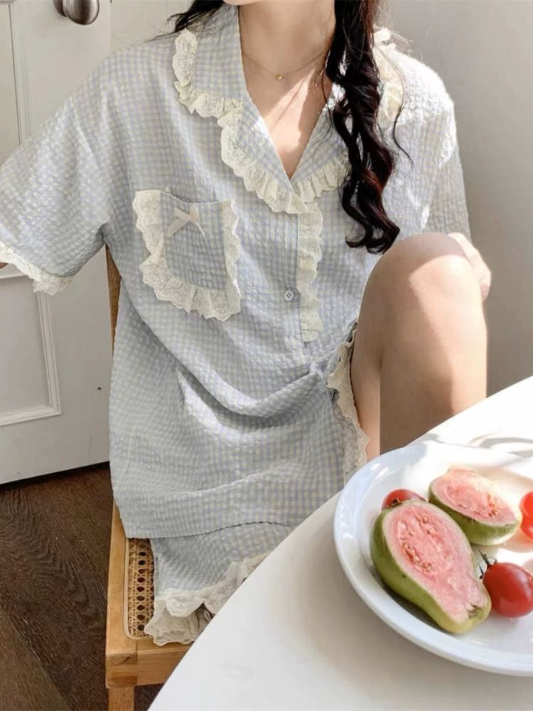 잠옷 여성 레이스 코튼 체크무늬 커플잠옷 커플 부부 여름 반팔 라운지웨어 세트 블루 그린 여성용 HY - 상세 이미지 3