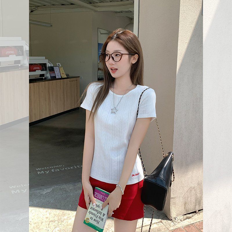 레터링 라운드넥 반팔 티셔츠 여름 여성 슬림핏 코튼 스판 기본티 데일리 캐주얼 이지웨어 - 상세 이미지 2