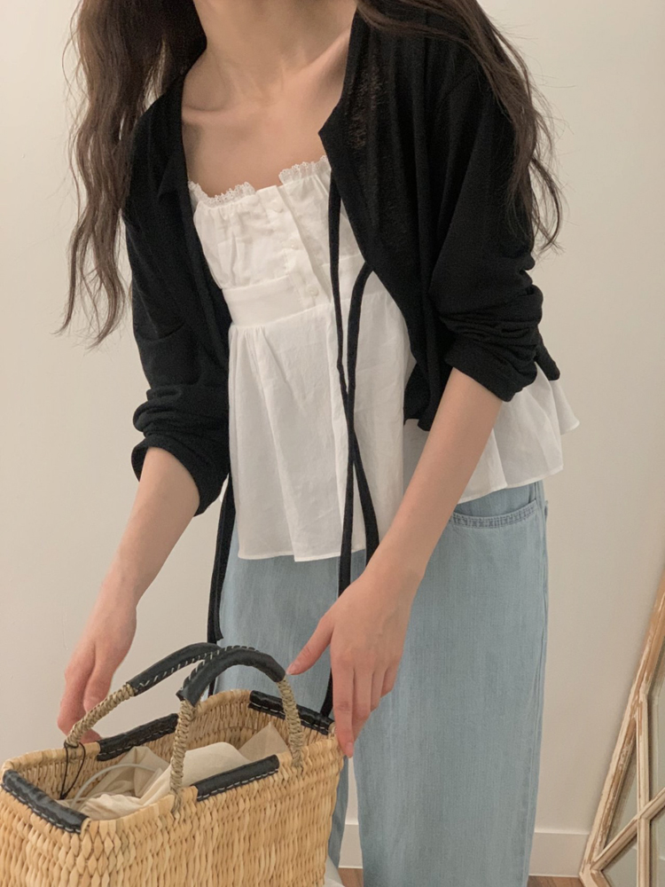 썸머 스트랩 볼레로 린넨 가디건 크롭 숏 라운드 숄 긴팔 여성 여름 가디건 이미지 7