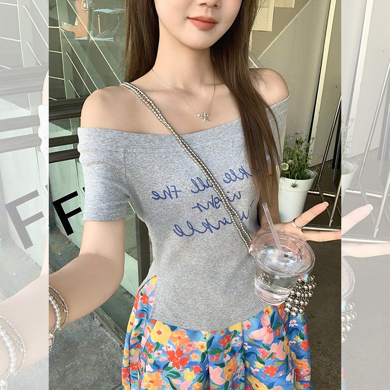 여름 여성 슬림핏 오프숄더 레터링 프린팅 반팔 티셔츠 코튼 스판 데일리 캐주얼 이지웨어 - 상세 이미지 4
