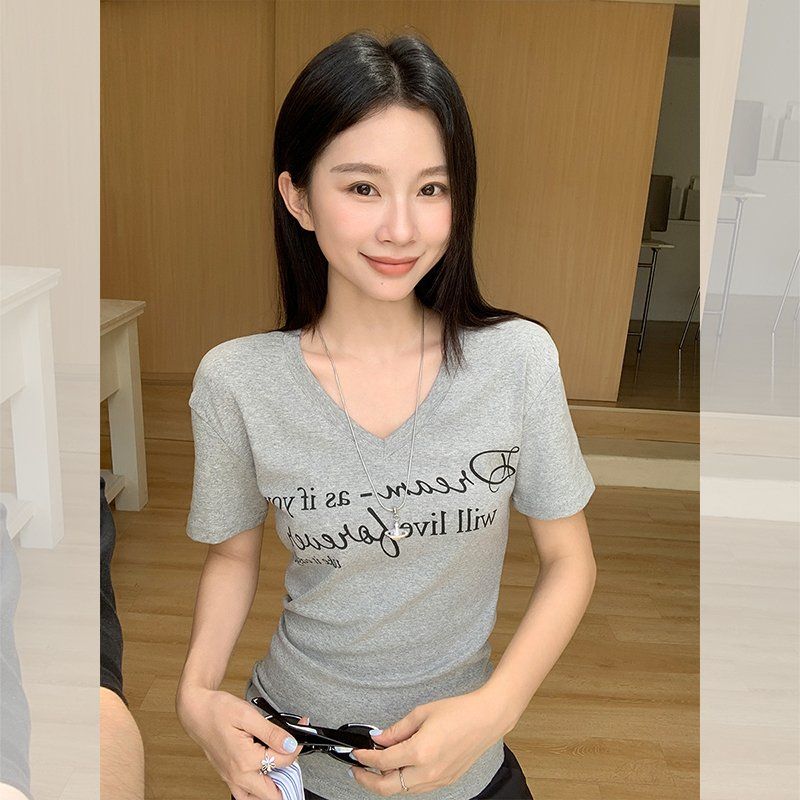 여성 슬림핏 브이넥 레터링 프린팅 반팔티 면스판 여름 데일리 캐주얼 베이직 상의 - 상세 이미지 4