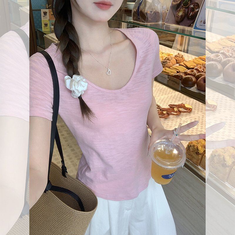 코튼 브이넥 반팔 티셔츠 여름 여성 슬림핏 기본티 이지웨어 데일리 캐주얼 심플 베이직 상의 - 상세 이미지 3