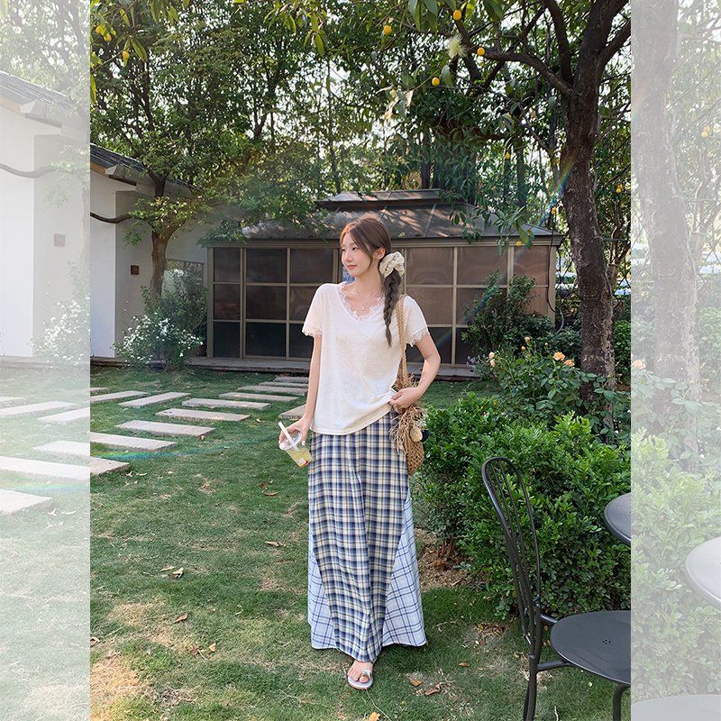 레이스 브이넥 반팔 티셔츠 여름 여성 루즈핏 단가라 스트라이프 면마 혼방 데일리 캐주얼 - 상세 이미지 3