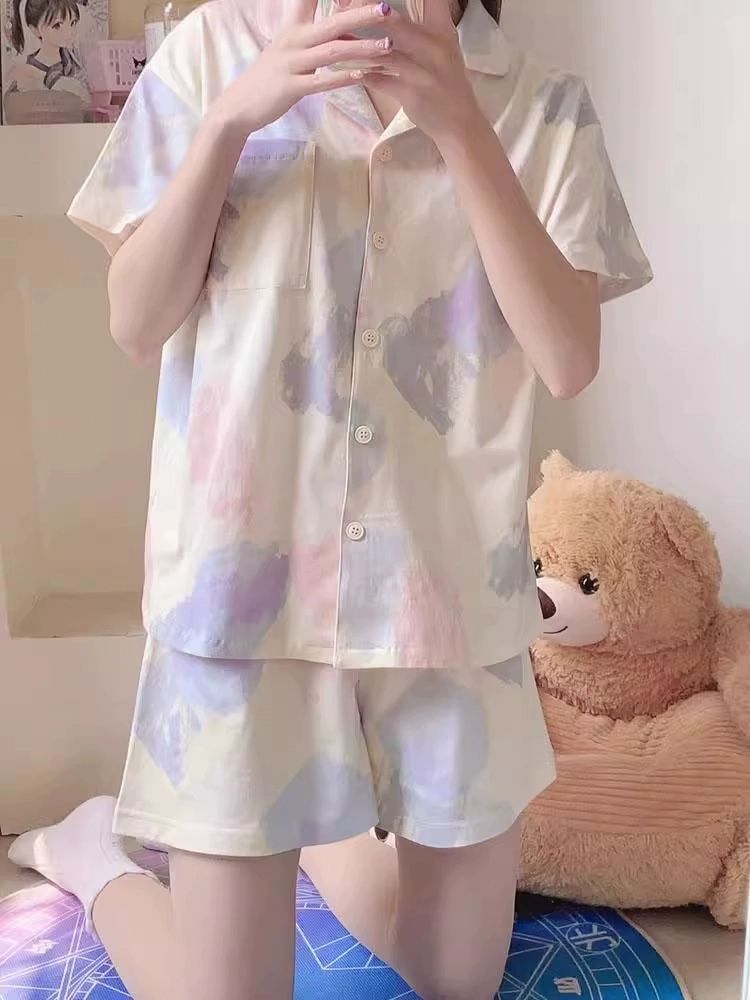 잠옷 여성 코튼 파자마 여름 반팔 투피스 얇은 라운지웨어 A184 신상 타이다이 반팔반바지 - 상세 이미지 4