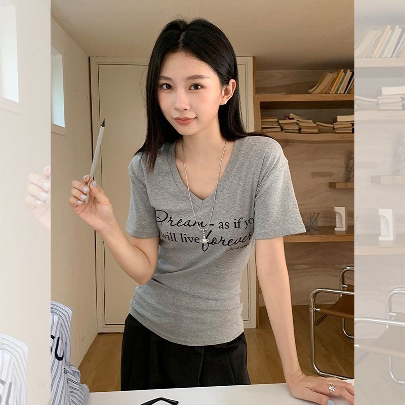 여성 슬림핏 브이넥 레터링 프린팅 반팔티 면스판 여름 데일리 캐주얼 베이직 상의 - 상세 이미지 2