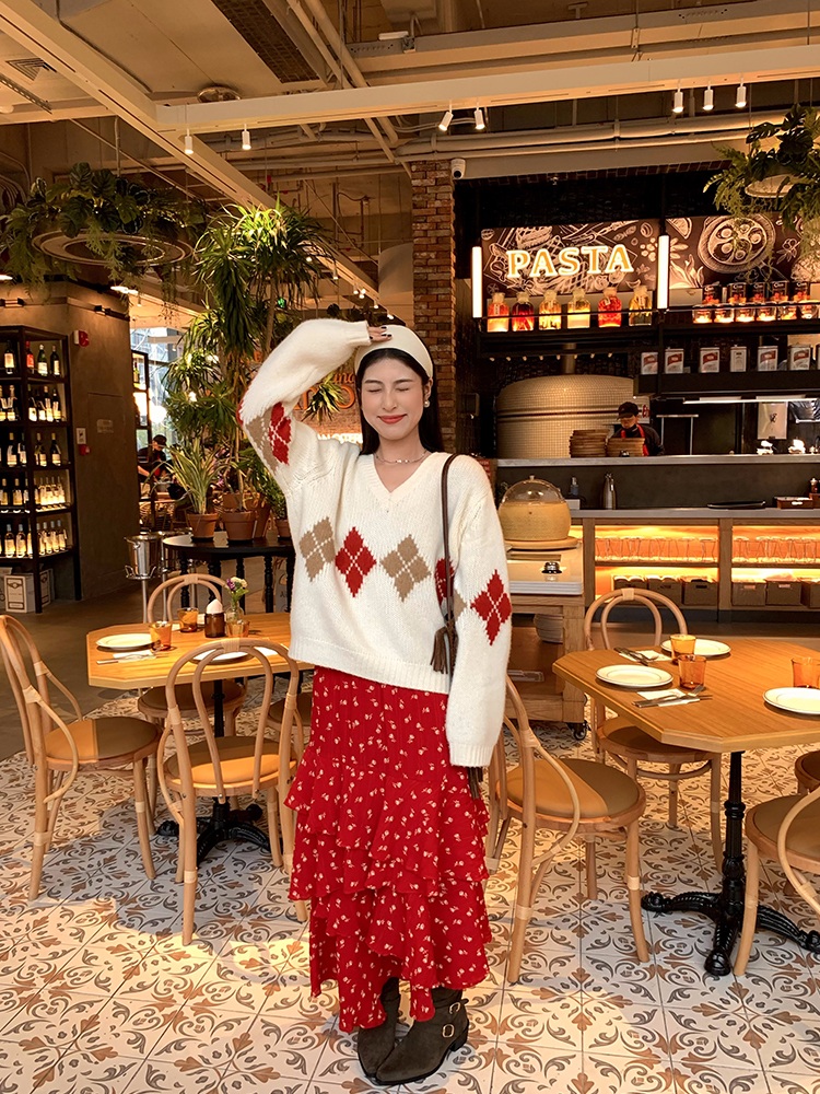 꽃무늬패턴 프릴 캉캉롱스커트 밴딩 쉬폰 비대칭 유니크 디자인 하이웨스트 봄 가을 레드 - 상세 이미지 5