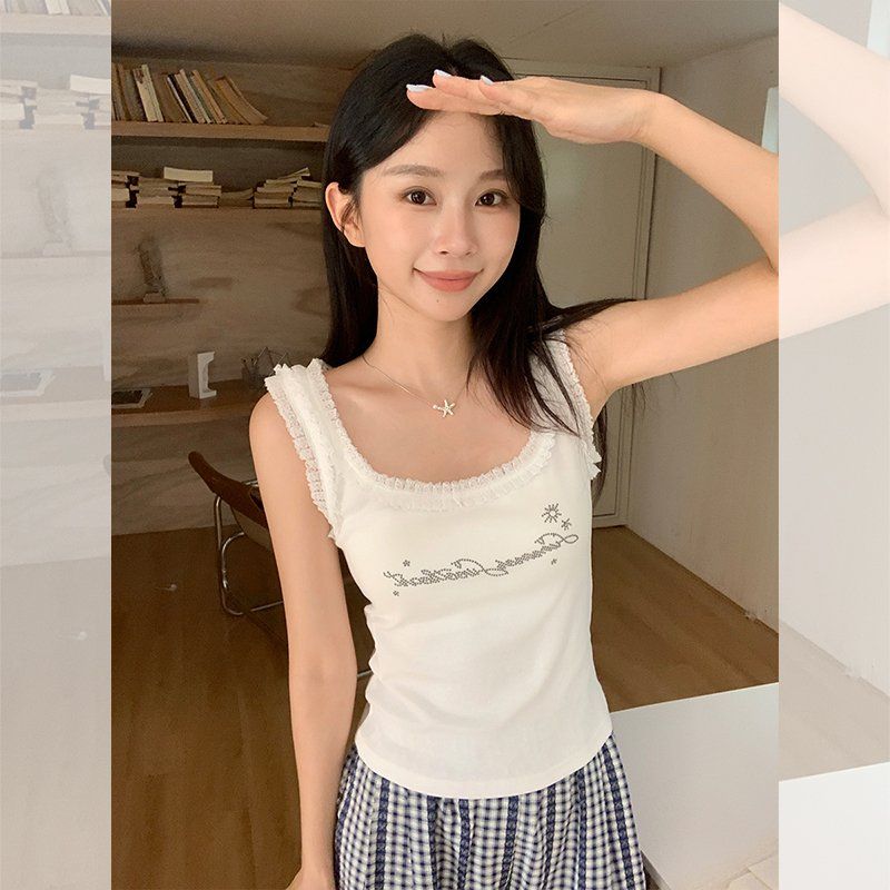 여성 슬림핏 U넥 민소매 나시 레터링 비즈 여름 데일리 면스판 캐주얼 상의 - 메인 이미지